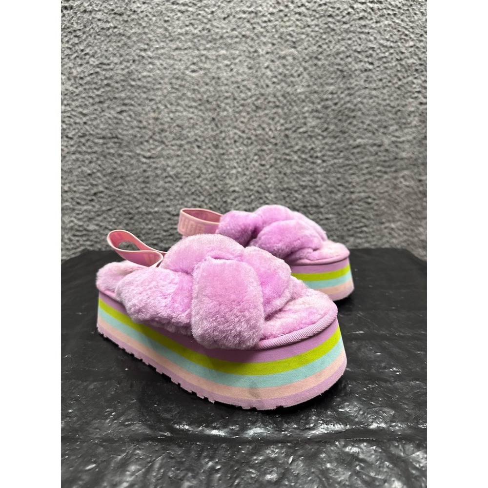 UGG Sheepskin Fluffy Disco Knot Platform Slide Sandals Lilac Womens Size 8 US
